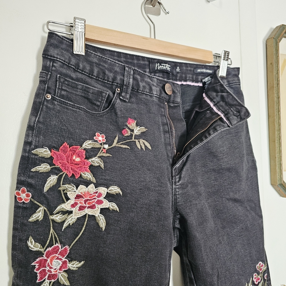 Nanette Lepore Floral Embroidered Birds Black HW Astor Skinny Jeans - Picture 7 of 16